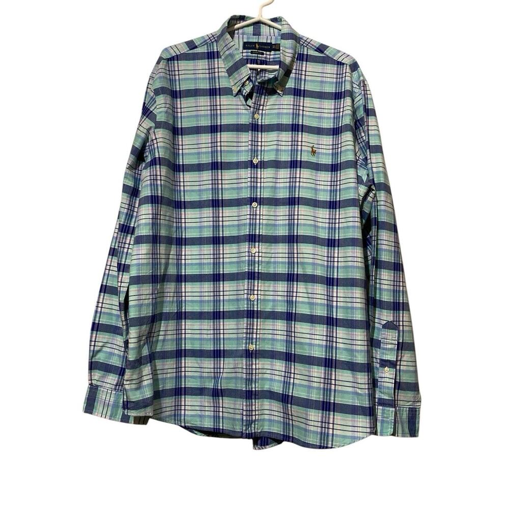 Ralph Lauren Button Down Shirt 2XL Classic Fit Blue Plaid‎ Pony Logo Long Sleeve
